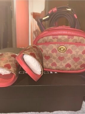Coach Mini Dome Crossbody with Red Hearts and Tan Signature Canvas
